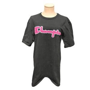Champion Black‎ T-Shirt with Pink Embroidered Script Logo Casual Tee